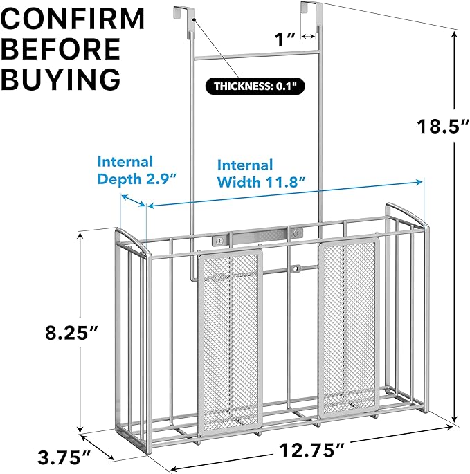 Simple Houseware Over Cabinet Door Organizer, 12.5"Wx3.75"Dx18"H, Mesh Silver