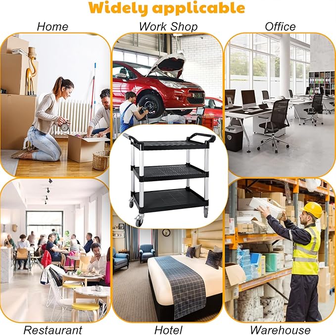 Utility Carts with Wheels, Large Size 3 Tier Rolling Cart with Lockable Wheels, Heavy Duty 600lbs Capacity Food Service Cart for Restaurant, Kitchen, Home, Warehouse, Office