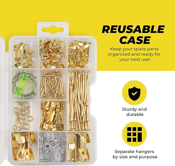 Picture and Mirror Hanging Kit Assortment – Hardware Supplies to Hang a Picture, Canvas, or Painting – Assortment of Hooks, Wire, Nails, and Sawtooth Hangers – Suitable for Drywall and Masonry Hanging