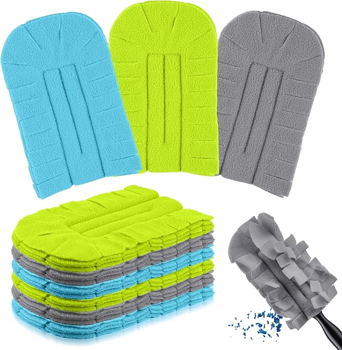 Zubebe 6 Pcs Duster Refill Reusable Fleece Duster Refills Feather Flat Dusters Multi Surface Washable Cleaning Pads Tools for Home, Blinds, Car, Pet, Furniture, Fans (Blue,Green,Grey)