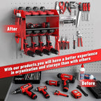 Heavy Duty Drill Holder & Power Tool Organizer Wall Mount, Metal Cordless Tool Organizer for Cordless Drill, Accessory Holder Rack (3L4D WITH CHARGING STATION (RED), With Charging Station)
