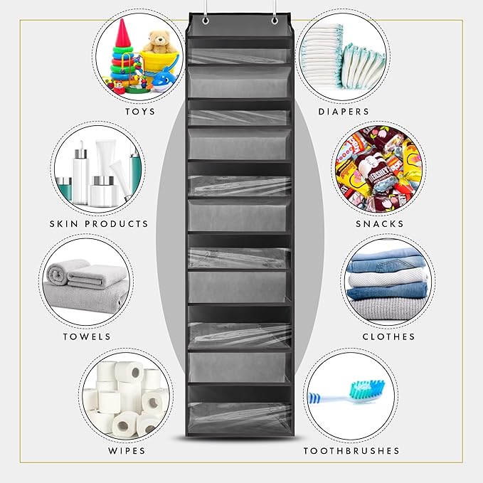 HOMELUX THEORY UPGRADED Over The Door Organizer Hanging - 100D EXTRA THICK & 50lbs HUGE CAPACITY 6 Large Front & 12 Side Pockets, Over The Door Shoe Organizer, Hanging Closet Organizer (DarkGray, 2pc)