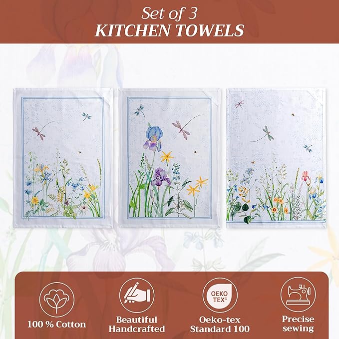 Maison d' Hermine Kitchen Towels Set of 3 100% Cotton 27.50" x 20" Reusable Cloth Tea Dish Towels Absorbent with Hanging Loop for Kitchen, Home, Dining, Cocktail Parties Spring/Summer (Fleurs De Mai)