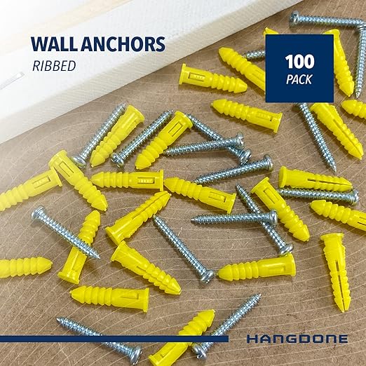 Ribbed Wall Anchors #4-#6 7/8-Inch with Screws 100-Pack, Yellow, Plastic Anchor for Drywall/Concrete, Pan Head Phillips Screw Included