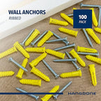 Ribbed Wall Anchors #4-#6 7/8-Inch with Screws 100-Pack, Yellow, Plastic Anchor for Drywall/Concrete, Pan Head Phillips Screw Included