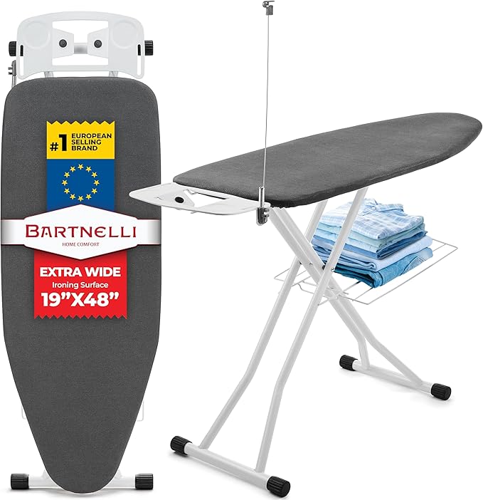 Bartnelli Extra Wide Pro Ironing Board 19x48 Ironing Surface with Iron Rest, Cord Holder, Shelf and 4 Layer Heat Resistant Cover and Pad