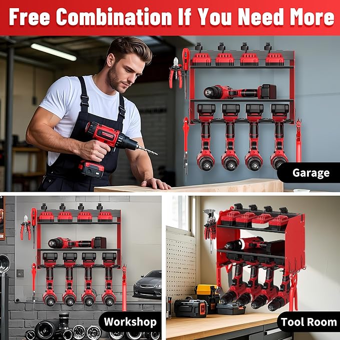 Heavy Duty Drill Holder & Power Tool Organizer Wall Mount, Metal Cordless Tool Organizer for Cordless Drill, Accessory Holder Rack (3L4D WITH CHARGING STATION (RED), With Charging Station)