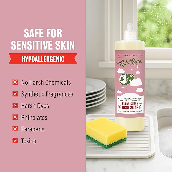 Rebel Green Super Deluxe Dish Soap - Natural Dishwashing Soap - Liquid Dish Detergent - Sustainable Dish Liquid Scented with Rose & Lemon - (16 oz Bottles, 2 Pack)