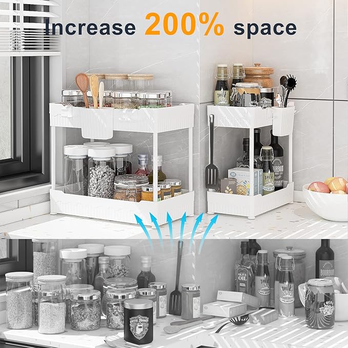 2 Pack Under Sink Organizer, Under Bathroom Cabinet Organizer with Hooks Hanging Cup, Multi-Purpose Storage Shelf for Kitchen Bathroom (White, XL)