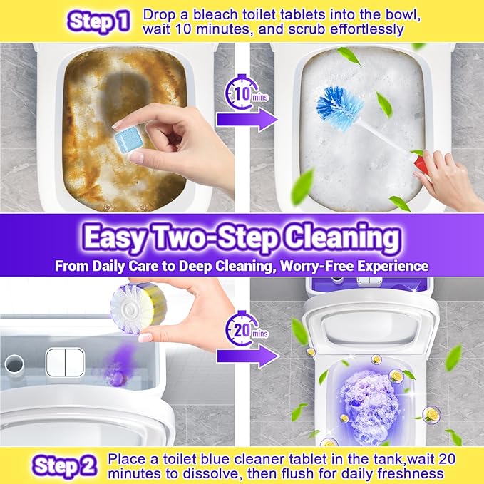 Upgraded Toilet Bowl Cleaners, 6PCS Triple Effect Toilet Cleaner with 3PCS Toilet Tank Cleaners Tablets with Bleach, Toilet Bowl Cleaner Tablets Drop in Tank for Deodorizing & Descaling(9 Pack)