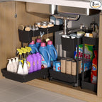3 Pack Multi-Purpose Under Sink Organizers and Storage, 2025 L-Shaped Pull Out Cabinet Organizer for Bathroom & Kitchen, Under Cabinet Organizer with Hooks Hanging Cup, Black