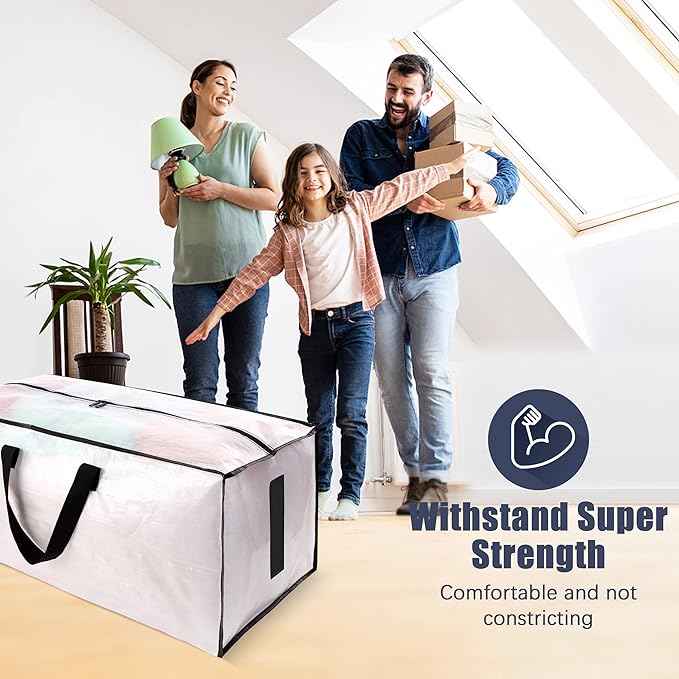 HOMESURE 4 Pack Large Strong Moving Bags with Zippers & Carrying Handles - Water-Resistant - Heavy Duty Storage Tote for Space Saving, Fold Flat, Alternative to Moving Box (Semi-Transparent)