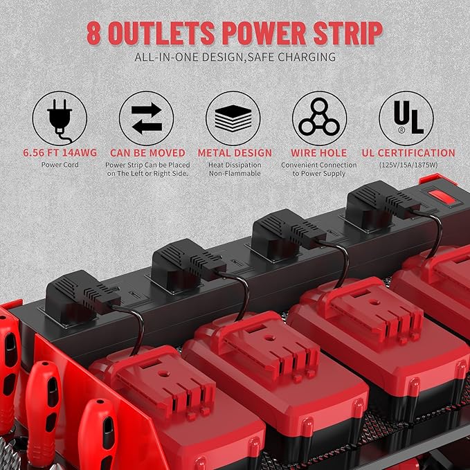 Heavy Duty Drill Holder & Power Tool Organizer Wall Mount, Metal Cordless Tool Organizer for Cordless Drill, Accessory Holder Rack (3L4D WITH CHARGING STATION (RED), With Charging Station)