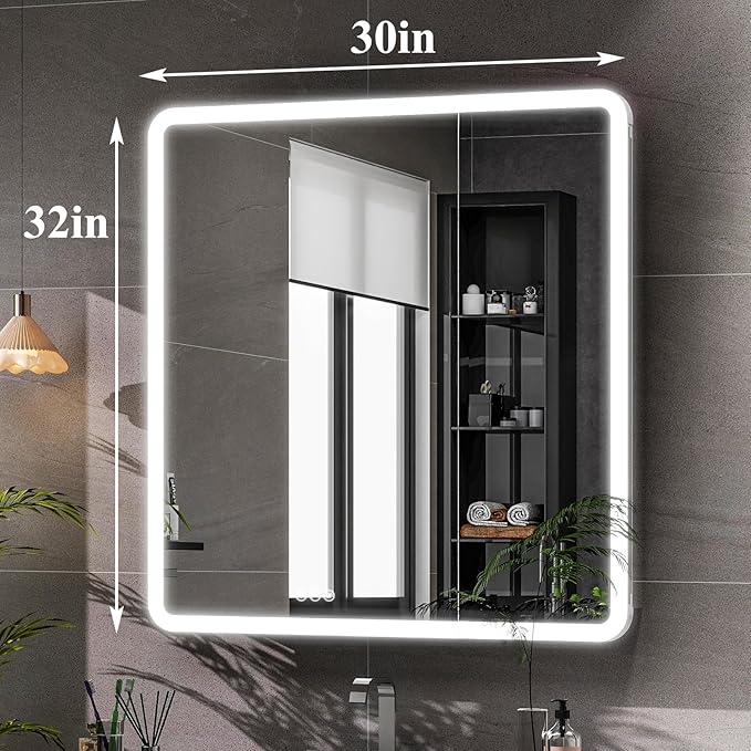 LED Bathroom Medicine Cabinet with Mirror, 30 Inch x 32 Inch Bathroom Mirror Cabinet with Door & Adjustable Shelves, Surface Mount or Recess Installation