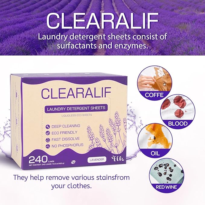 CLEARALIF Laundry Detergent Sheets 120 Sheets (Up to 240 Loads), Lavender - Great For Apartments, Dorms,Eco Friendly