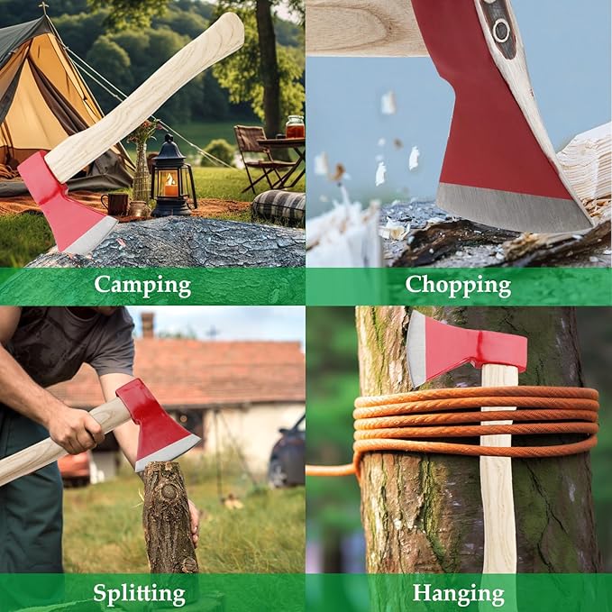 15” Chopping Axe with Sheath, Small Camping Hatchet Hand Axe for Wood Splitting, Outdoor Bushcraft Axe Tools for Hiking Gardening with Anti-Slip Handle