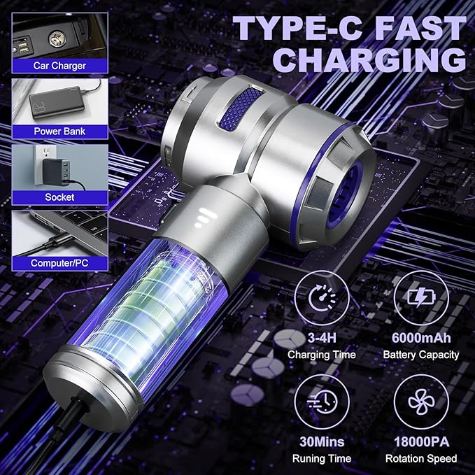 Handheld Car Vacuum Portable Cordless - 18000PA High Power with Brushless Motor, 4-in-1 Air Duster, Blower, Pump & Rechargeable Mini Vacuum for Car, Home, Office (Silver Grey+Blue)