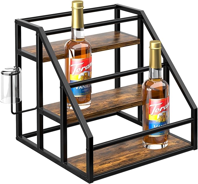 Coffee Syrup Rack Organizer, Spice Racks, Syrup Bottle Holder Stand for Coffee Bar, 3-Tier 12 Bottles Storage Shelves for Syrup, Wine, Dressing for Kitchen Countertop, Rustic Brown & Black