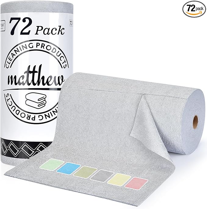 Matthew Microfiber Cleaning Cloth Roll 72Pack (12" x 12") Reusable Paper Towels&Washable Tear Away Towels,Ultra Water Absorbent Lint&Streak Free Cleaning Rags for Glass,Dishwash,Bathroom,Cars-Grey