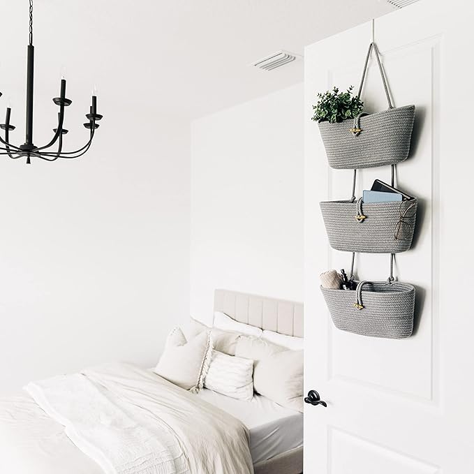 OrganiHaus 3-Tier Hanging Organizer, Gray Cotton Rope Baskets for Wall or Door – Boho Nursery & Home Storage
