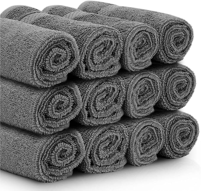 White Classic Luxury Cotton Washcloths 13x13 Inch - 650 GSM Turkish Cotton | Hotel, Spa, Bathroom Face Towel | 12 Pack, Dark Gray