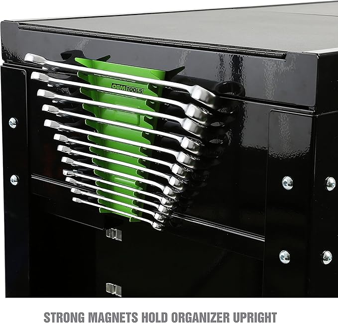 OEMTOOLS 22177 Pro Magnetic Wrench Organizer, 12 Wrench Storage Rail, SAE and Metric Tool Drawer Organizers For Tool Boxes And Metal Surfaces, Green