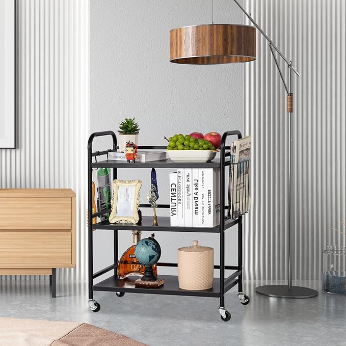 HDANI 3 Tier Metal Rolling Utility Cart,High Capacity Multi Purpose Heavy Duty Cart,for Office,Kitchen,Living Room,Bedroom,Etc.(Black)…