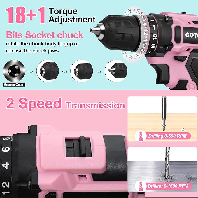 Power Drill Cordless, 273-Piece Power Drill Sets Household Tool Kit, 20V Electric Drill Sets Repairing Kit, Electric Screwdriver Driver Tool Kit with Charger and Storage Bag(Pink)
