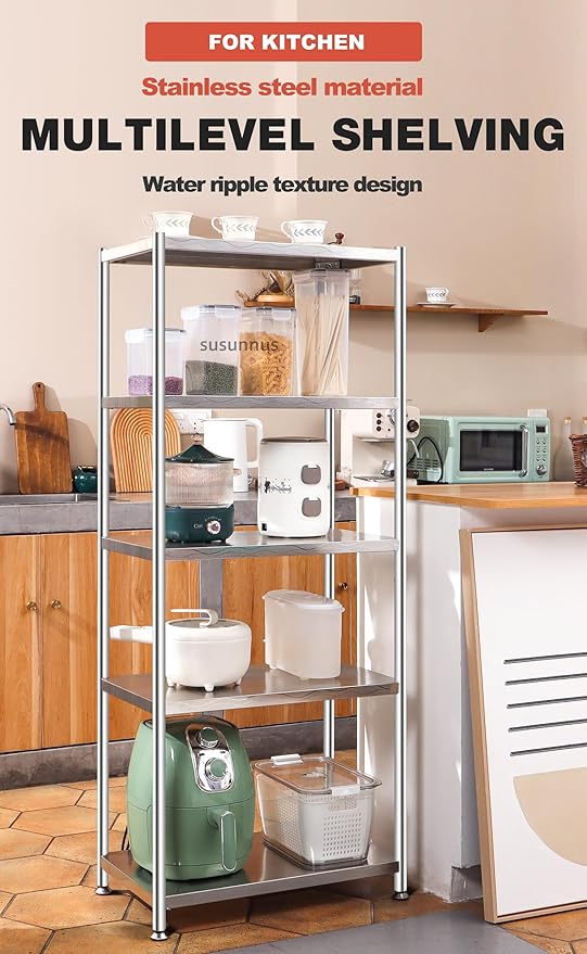 susunnus Stainless Steel Shelves 23.6in-5 Tier, Stainless Steel Shelf Organizer, Kitchen Storage Shelves,Artistic Texture, Pragmatic & Sturdy & Waterproof