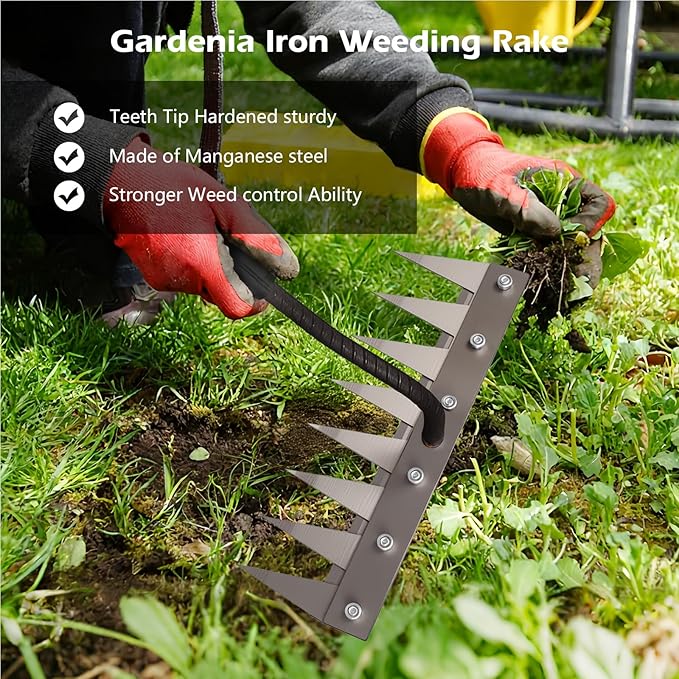 Iron Weeding Rake 2.0, New 5/6/7/8 Teeth Carbon Steel Garden Weeder Rakes, Weeder Puller Tool for Yard Lawn and Garden, Heavy Duty Metal Rake for Lawn, Flower Beds & Soil Aeration(8 Teeth)