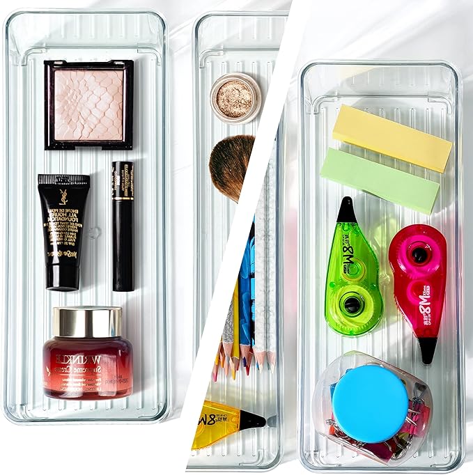 8 PACK Clear Stackable Drawer Organizer Bins, Plastic Organizer Bins for Cutlery Vanity Storage Tray for Bathroom Kitchen Office Desk Organizing