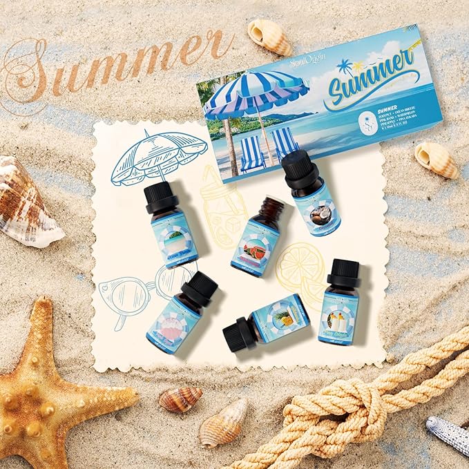 Summer Essential Oils Set, Fragrance Oil Gift Set for Oil Diffusers, Scented Oils for Soap Candle Making 6x10ml - Sea Breeze, Pineapple, Watermelon, Coconut, Pink Beach, and Pina Colada