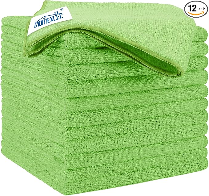 HOMEXCEL Green Microfiber Cleaning Cloth 12 Pack, 12.5 x 12.5 inch Microfiber Towels for Cars, Ultra Absorbent Car Washing Cloth, Lint Free Streak Free Cleaning Rags for Car, Kitchen, and Window