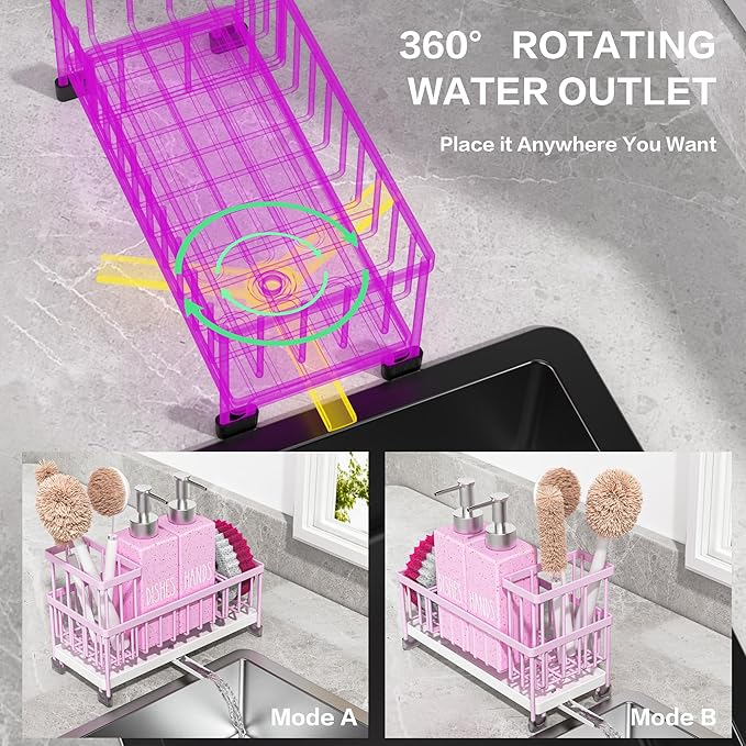 Cisily Dish Soap Dispenser, 12 fl oz Kitchen Soap Dispensers with Sponge Holder, Gold and Silver Pump Pink Glass Kitchen Soap Dispenser Set, Hand and Dish Soap Bottle Set, Pink Decor Accessories