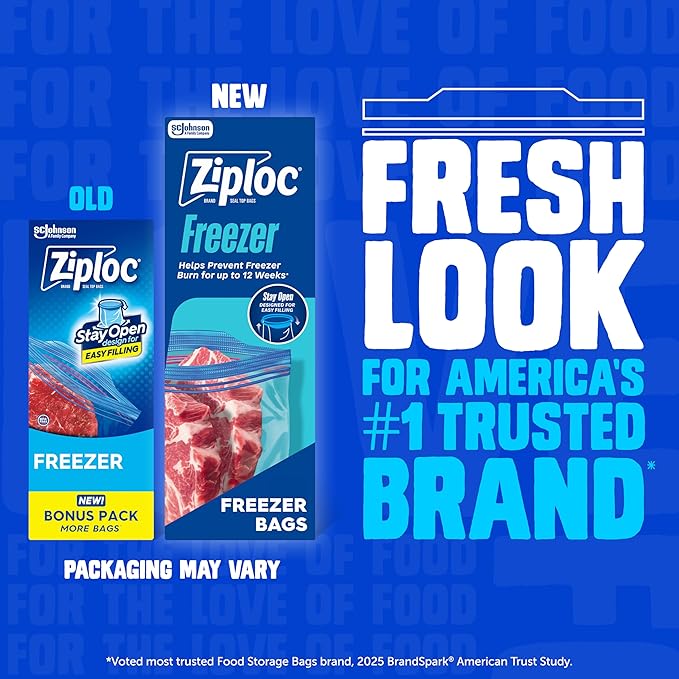Ziploc Gallon Food Storage Freezer Bags, Stay Open Design, Easy to Fill, 66 count, 2 Pack, 132 Total (Packaging May Vary)
