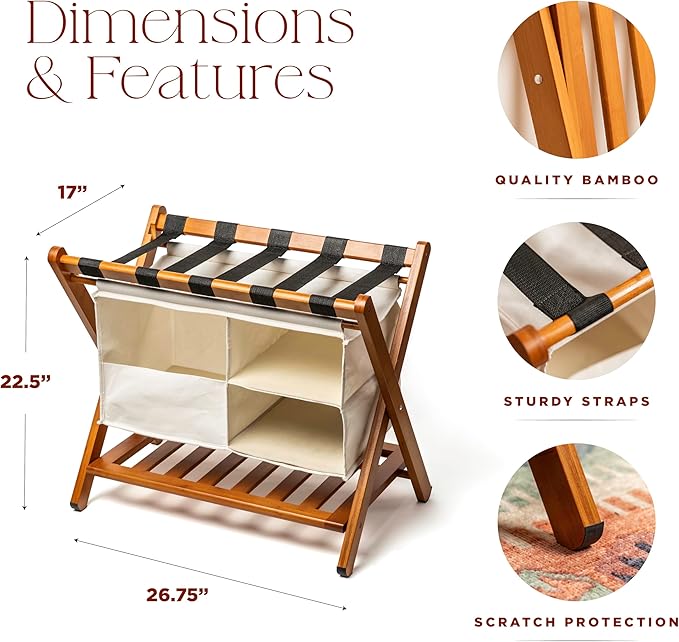 Fully Assembled 26.75" Folding Bamboo Luggage Rack Holder with Removable Laundry Bag & Storage Shelf – Heavy Duty, Space Saving Foldable Suitcase Stand for Guest Rooms, Bedrooms & Hotels - Holds 165 lbs