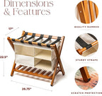 Fully Assembled 26.75" Folding Bamboo Luggage Rack Holder with Removable Laundry Bag & Storage Shelf – Heavy Duty, Space Saving Foldable Suitcase Stand for Guest Rooms, Bedrooms & Hotels - Holds 165 lbs