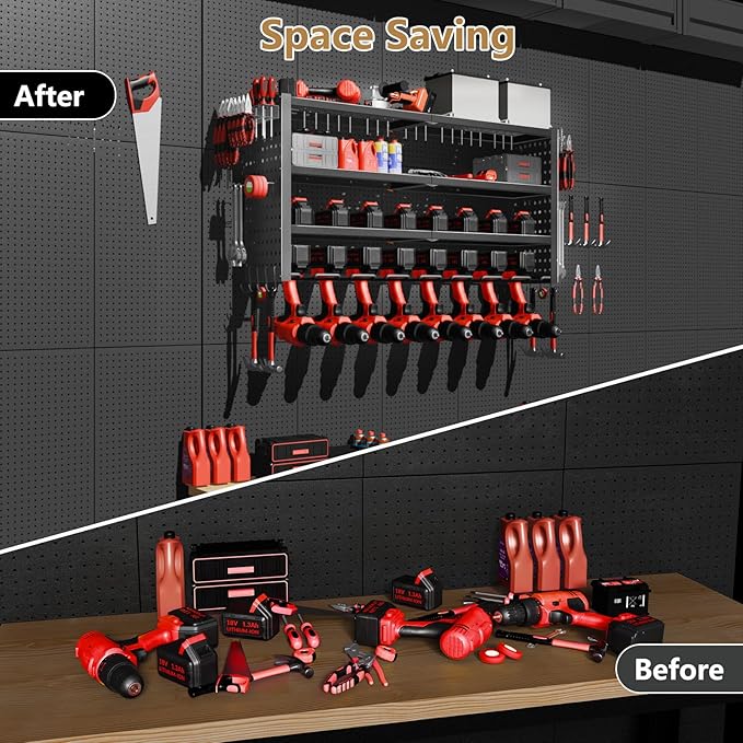 Power Tool Organizer Wall Mount, 4 Layer Heavy Duty Garage organizer Loads 280lbs, Tool Organizers with 8 Drill Hanger, Battery Tools Holder Garage Storage Organization for Workbench, Pegboard, Shed