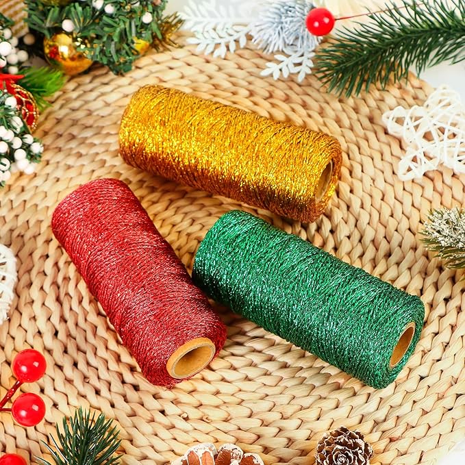 984 Feet Christmas Twine Packing Bakers Kraft Butchers Baking Gardening Twine Wrapping Arts Crafts Party Decorations(Gold Green Red)