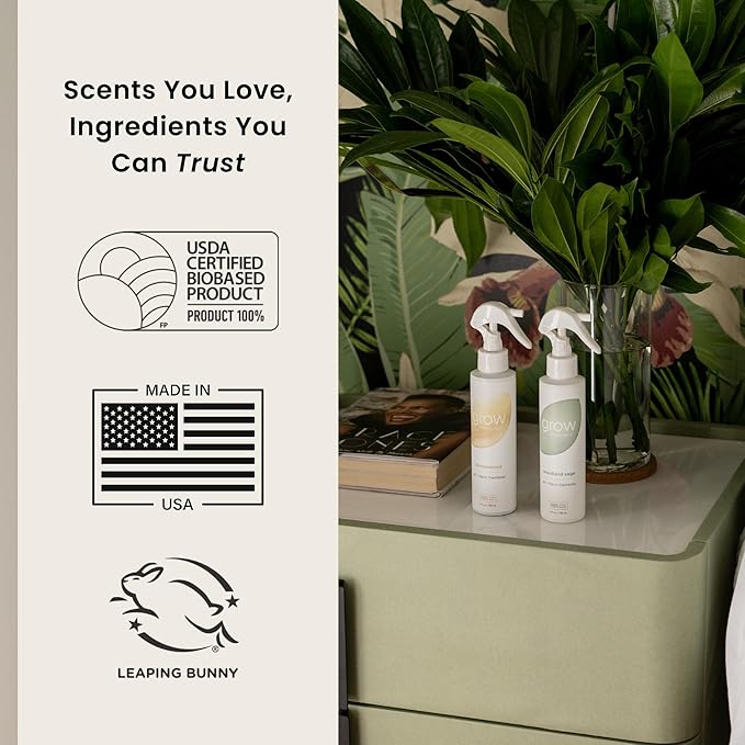 Grow Fragrance Scented Fabric and Room Air Freshener Spray - Certified Non-Toxic, 100% Plant-Based Essential Oils - 5 oz (Blondewood + Woodland Sage 2-Count)