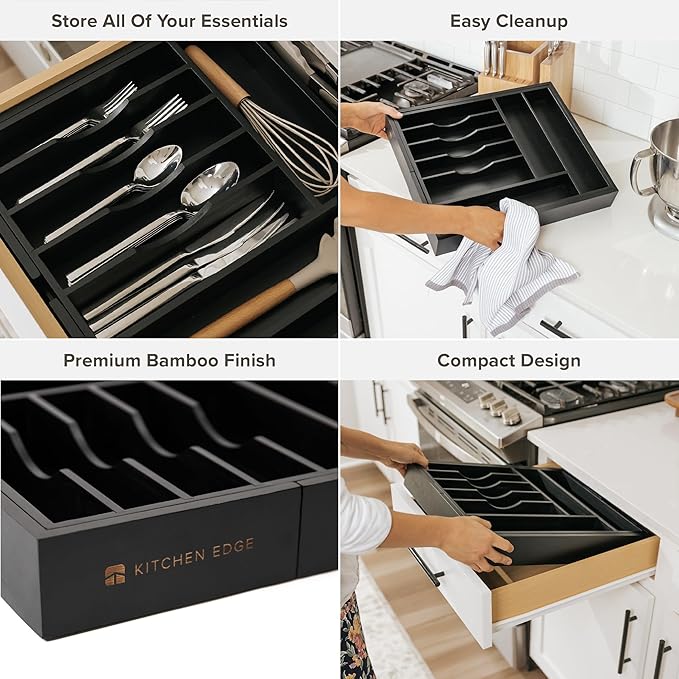 Premium Silverware, Flatware and Utensil Organizer for Kitchen Drawers, Food-Safe Contract Grade, Expandable from 14.5 to 25 In, Black Bamboo
