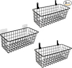 Joben Oligey 3 Set Hanging Wire Baskets ,Wall Mount Fruit Basket,No Drilling,Adhesive Small Metal Basket,Farmhouse Food Storage Mesh Bin Kitchen Pantry Laundry Bathroom Closet Garage RV ,Black