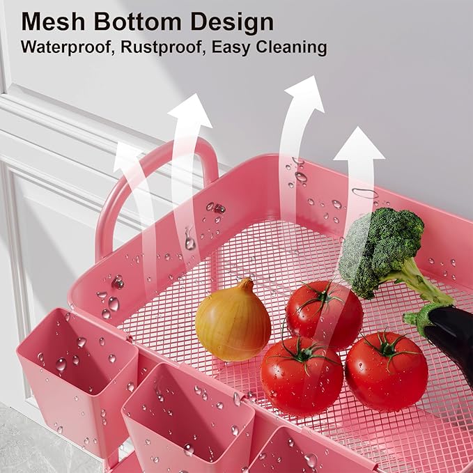 3 Tier Metal Rolling Cart with Lockable Wheels and Handle, Three Tiered Pink Trolley Cart on Wheels, Utility Storage Organizer for Bathroom, Kitchen, Teachers, Art, Crafts, Baby Diaper, Snack, Nail