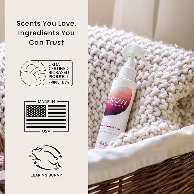 Grow Fragrance - Certified 100% Plant Based Air Freshener + Fabric Freshener Spray, Made with All Natural Essential Oils, Black Currant Rose - Limited Edition!