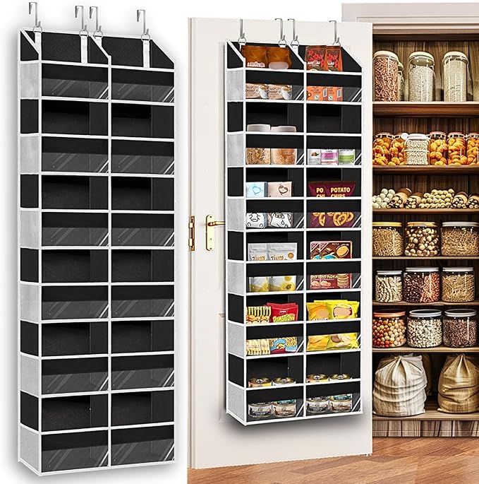 Over The Door Organizer 6 Tiers, Extra Large Behind Door Storage of 12 Compartments, 80 lbs Weight Capacity Hanging Storage Organizer with Clear Window Kids Toys, Shoes, Diapers, Room Storage,Black