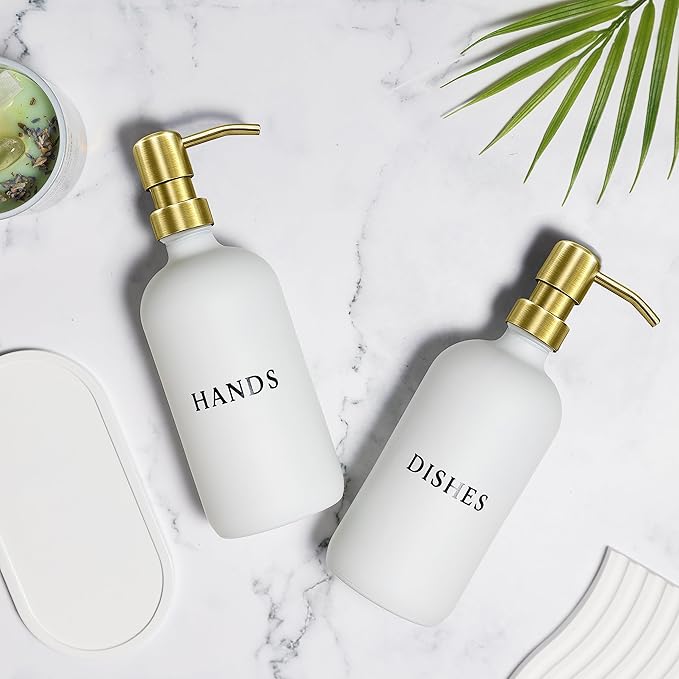 White Glass Hand and Dish Soap Dispenser Set - Modern Farmhouse Sink Accessories - Liquid Soap Dispenser - 16 oz Kitchen Sink Soap Dispenser Set with Tray, Gold Pumps & Funnel