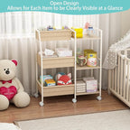 Baby Diaper Caddy Organizer Cart, 3-Tier Rolling Wheels Cart with Dividers and Shelves, Bedside Utility Cart for Nursery Essentials, Large Capacity Mobile Storage Cart for Crib, Bedroom