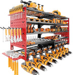 5 Layers Power Tool Organizer Wall Mount, Metal Cordless Tool Hanger Storage Rack Holder with 8 Drill Holders, Heavy Duty Garage Wall Tool Shelf for Workshop Tool Room Shed Pegboard Red