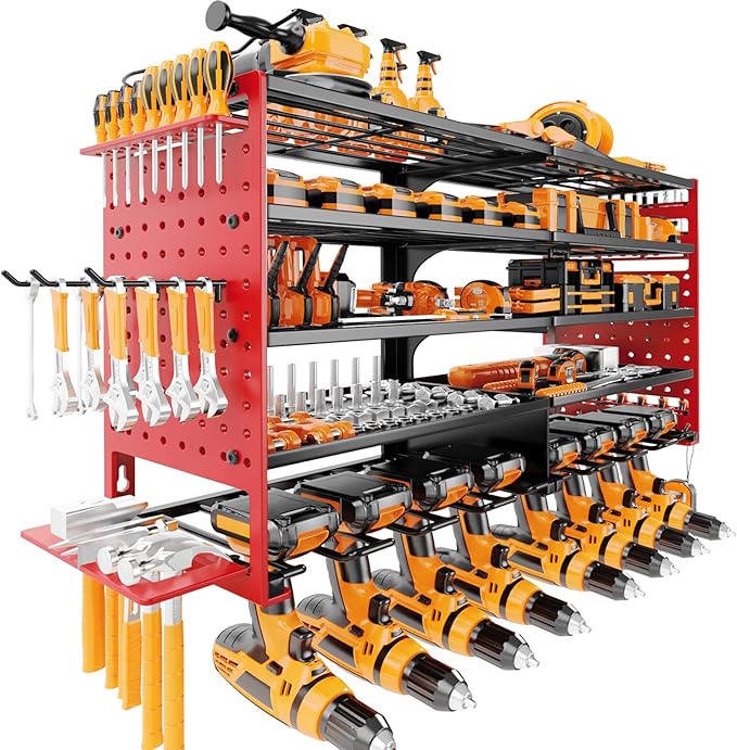 5 Layers Power Tool Organizer Wall Mount, Metal Cordless Tool Hanger Storage Rack Holder with 8 Drill Holders, Heavy Duty Garage Wall Tool Shelf for Workshop Tool Room Shed Pegboard Red