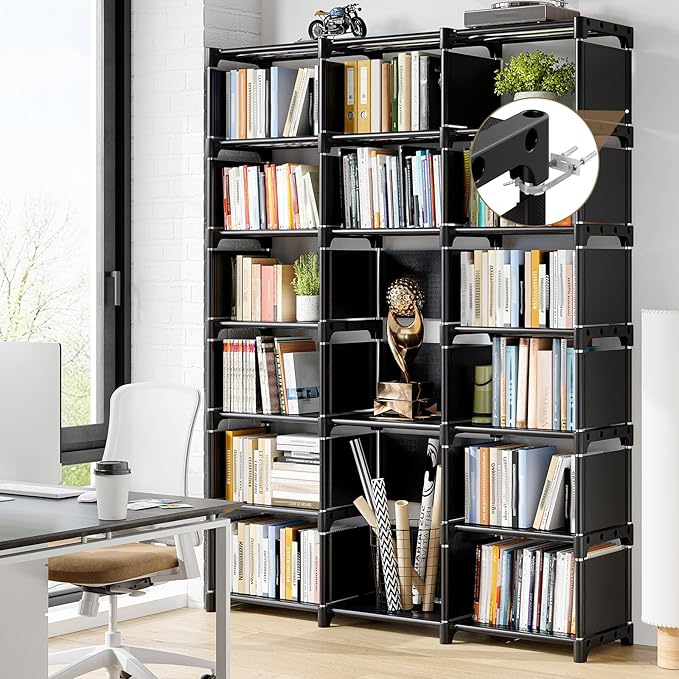 REIBII Book Shelf, 16 Cube Storage Organizers, Tall DIY Book Case for Bedroom, Office, Living Room, Closet, 12" D x 47.24" W x 70.86" H, Black